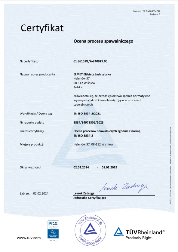 Skan certyfikatu oceny procesu spawalniczego EN ISO 3834-2 dla ELMET, wydanego przez TÜV Rheinland