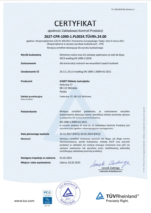 Skan certyfikatu zgodności Zakładowej Kontroli Produkcji EN 1090 dla ELMET, wydanego przez TÜV Rheinland