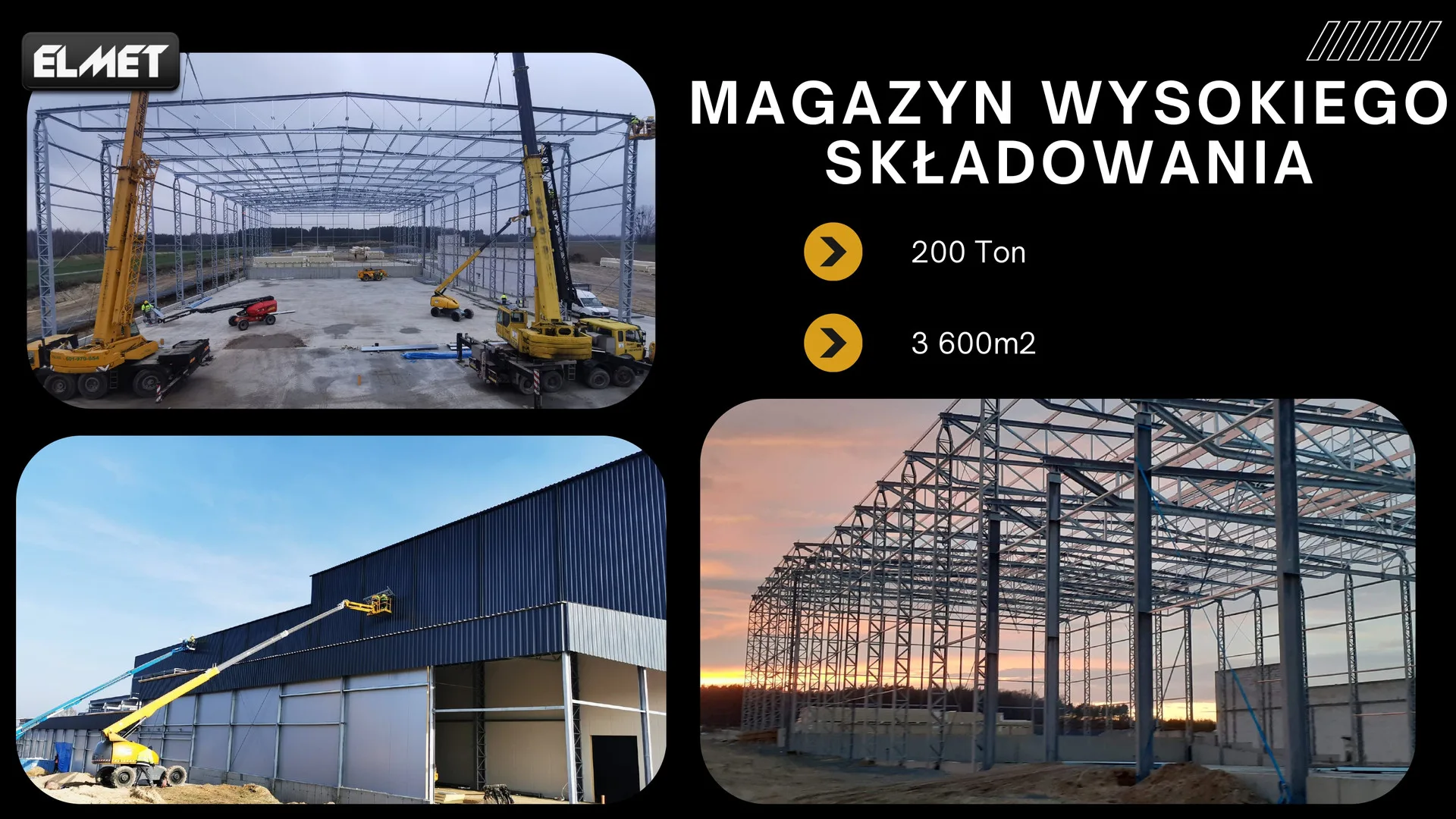 Montaż magazynu wysokiego składowania z użyciem żurawi i podnośnika